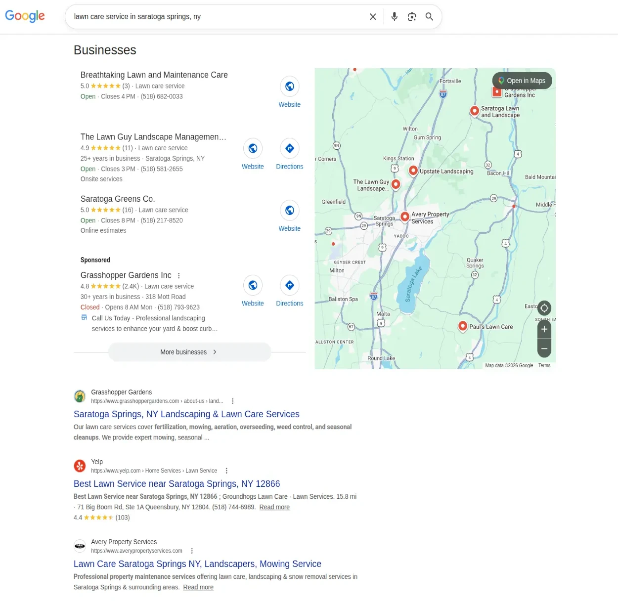 Google search for lawn care service in Saratoga Springs, NY, with Breathtaking Lawn and Maintenance Care listed first