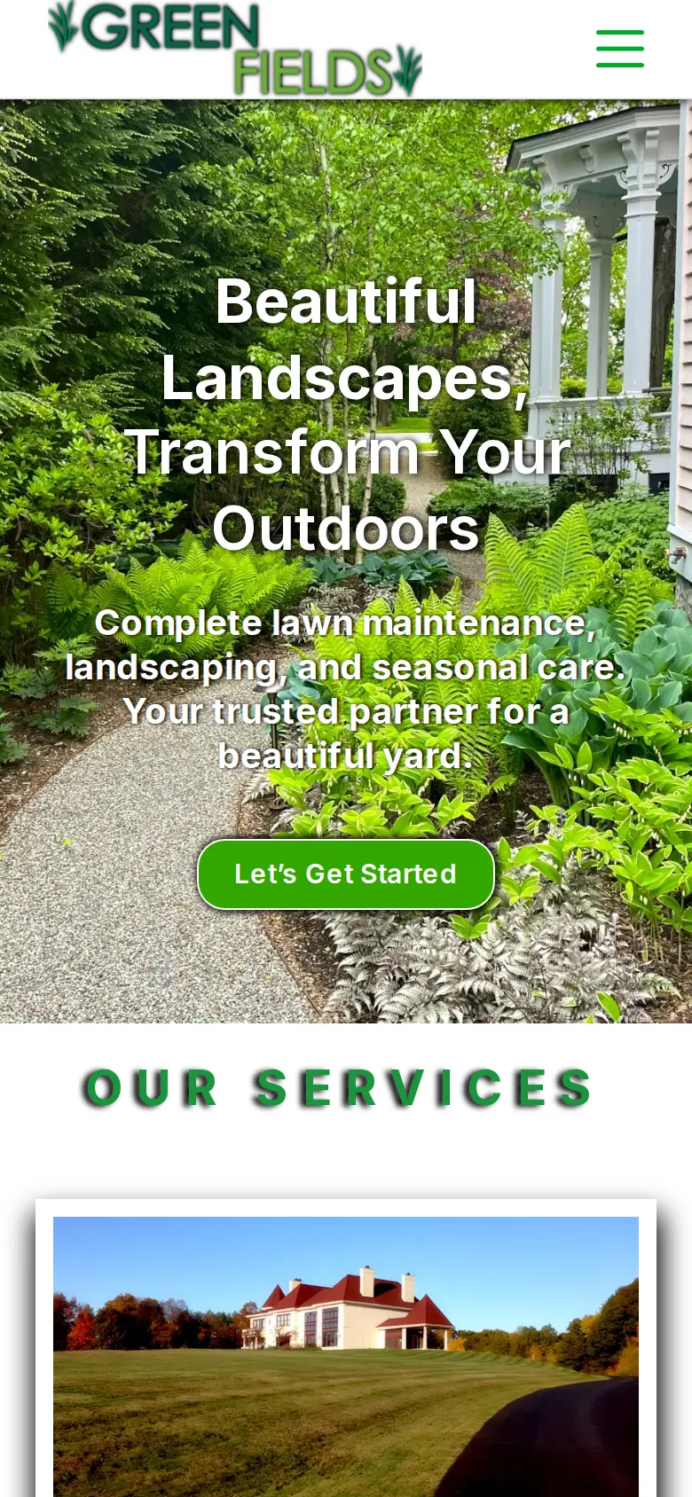 The Greenfields Lawn Care & Landscaping website on a phone