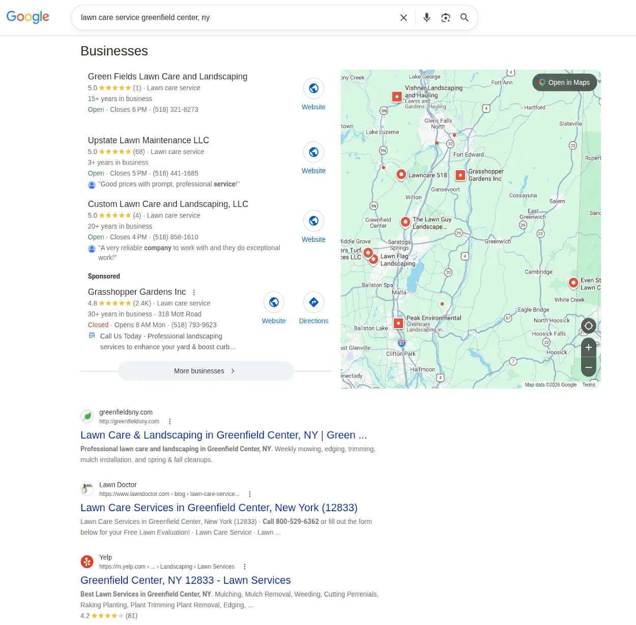 Google search for lawn care service Greenfield Center, NY, with Greenfields Lawn Care & Landscaping listed first