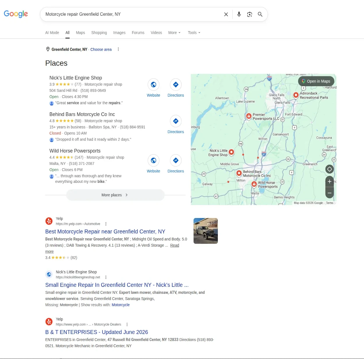 Google search for motorcycle repair Greenfield Center, NY, with Nick's Little Engine Shop listed first